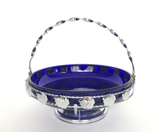 Spectacular Large Vintage Cobalt Blue Glass & Silvertone Server