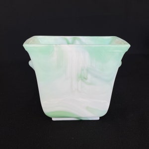 RARE - Vintage Akro Agate Glass - Jadeite Green  & MilkGlass Swirl Art Deco Styled Footed Planter VaseVase