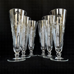 6 Lovely Vintage Etched 13oz Footed Pilsner Glasses - Vintage Barware - Retro Barware