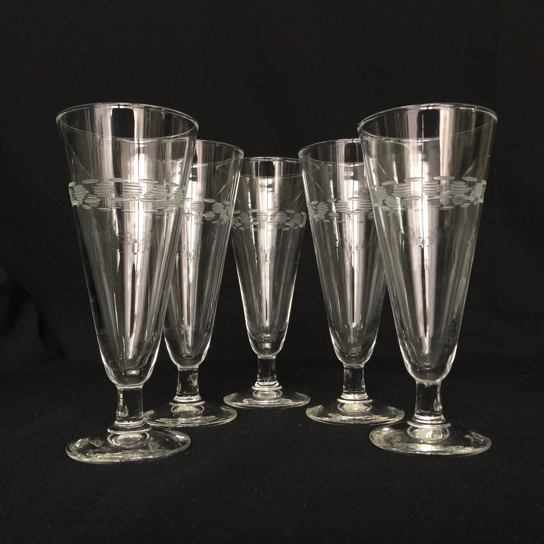 5 Handsome Vintage Etched 10oz Footed Pilsner Glasses - Vintage Barware ...