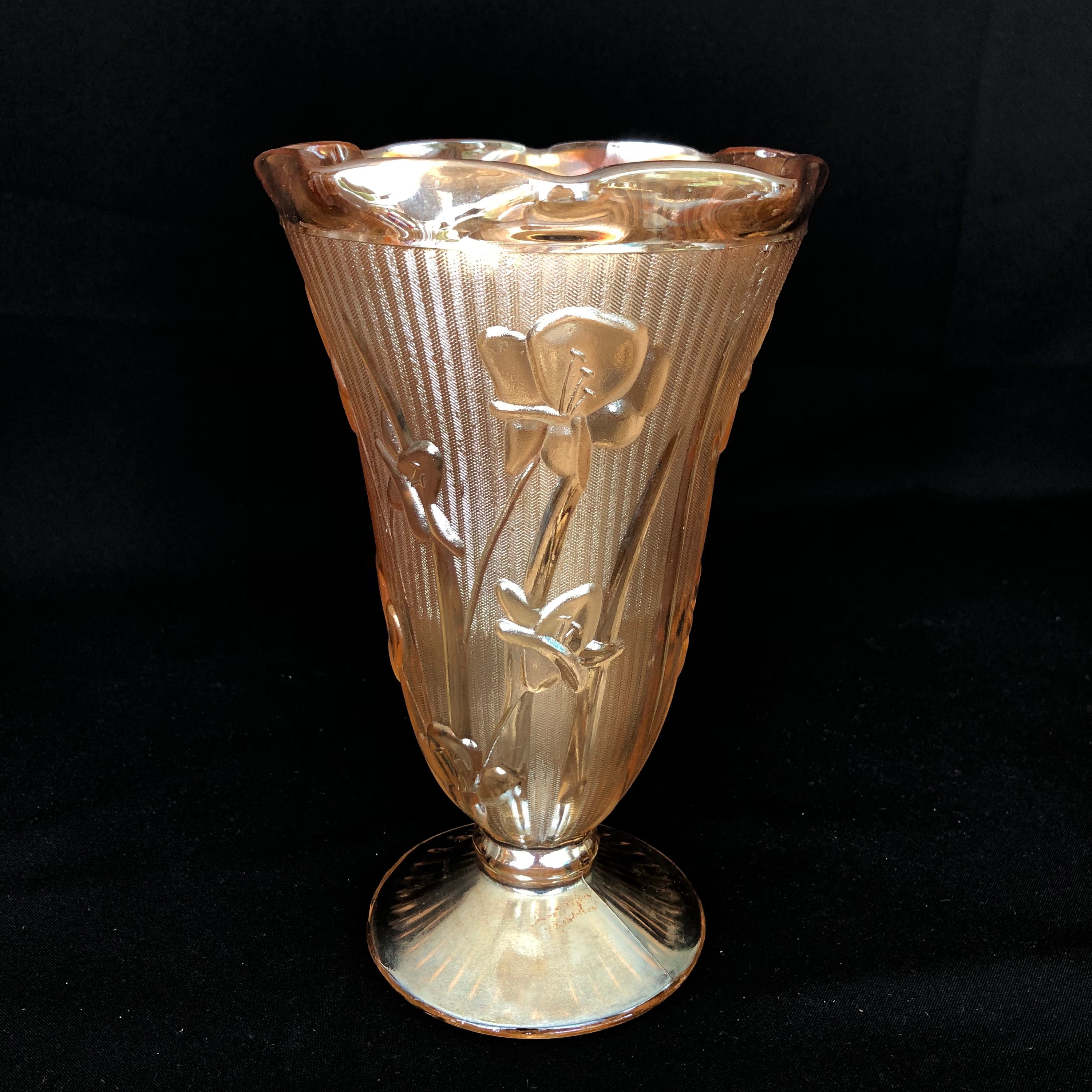 Vintage Peach Lustre Carnival Glass Iris & Herringbone Vase by