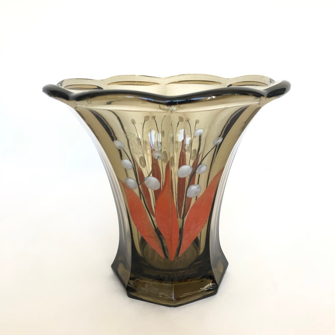 Vintage Brown Glass Hand Painted Bouquet Vase Etsy