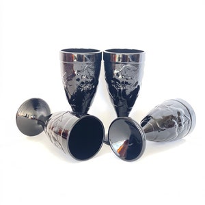 4 Vintage Pressed Ebony Black Glass 11oz Goblets - Wine Glasses - Stemmed Water Goblets - Vintage Barware - Made in France