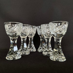 RARE - Set of 6 ANTIQUE Etched CRYSTAL 1oz Shot Liqueur Cocktail Glasses - Antique Barware