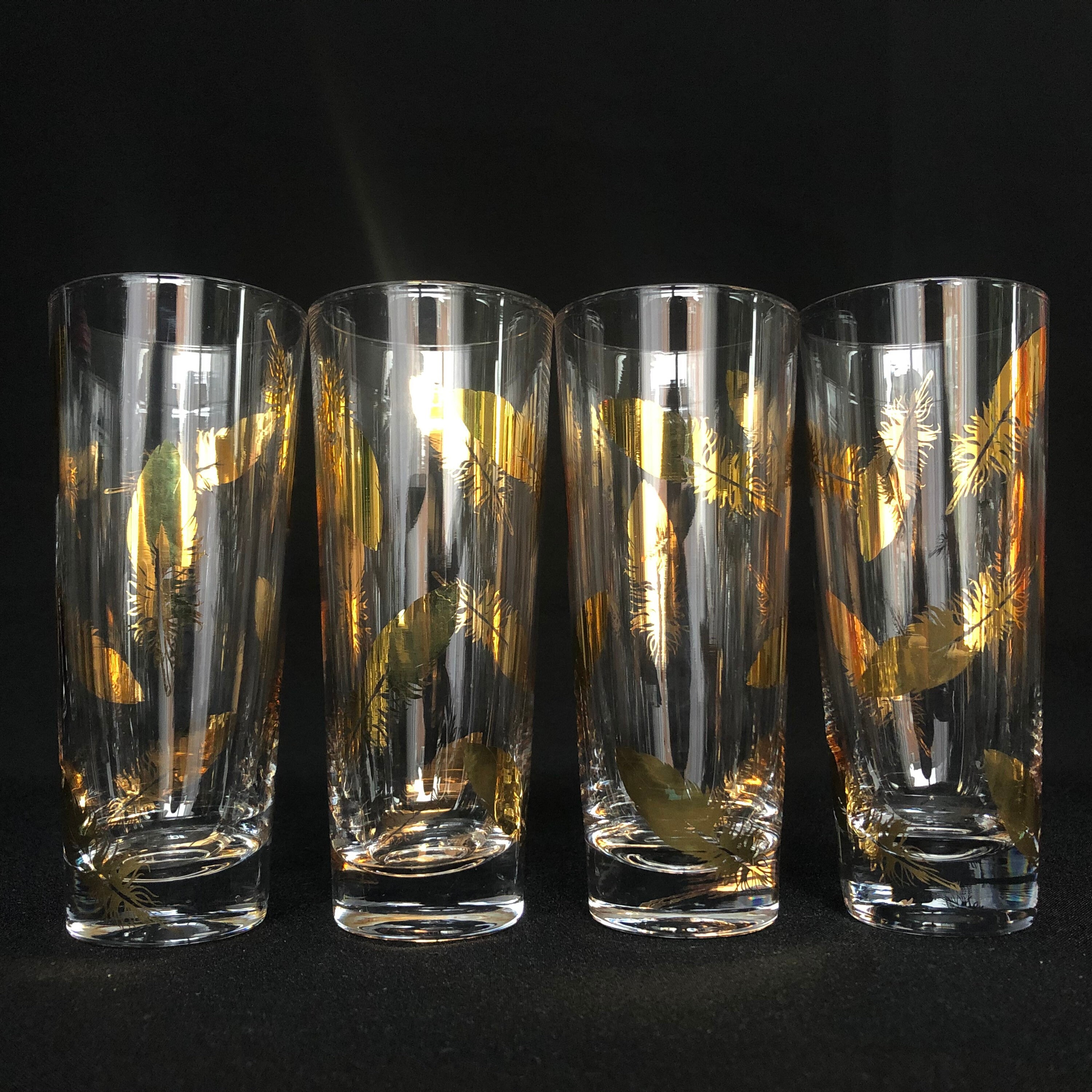 RARE 4 Elegant Gold Feather Design 8oz Vintage Cocktail Glasses 