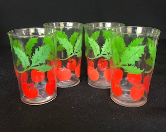 Retro Tomato Print Juice Glasses - Set of 4, Vintage Kitchen