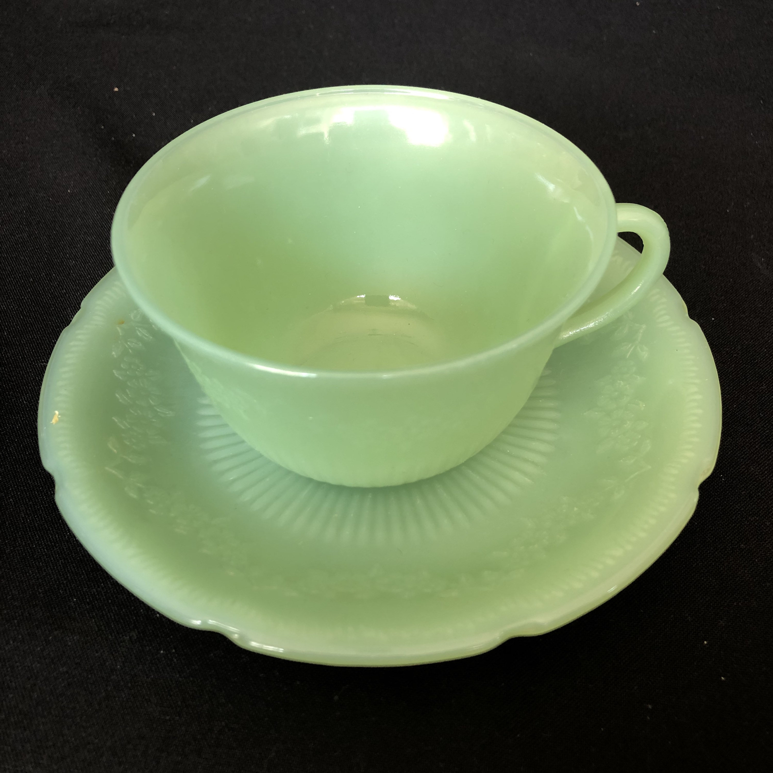 Vintage Jadeite Alice Pattern Tea Cup & Saucer Fireking Anchor 