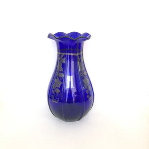Antique Art Nouveau Cobalt Blue Glass Vase with Floral Silver Overlay