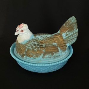 RARO - Gallina grande de cristal de escoria azul vintage en el nido - Plato cubierto - Posiblemente Westmoreland pero sin marcar - Por favor, REVISAR LA DESCRIPCIÓN completa