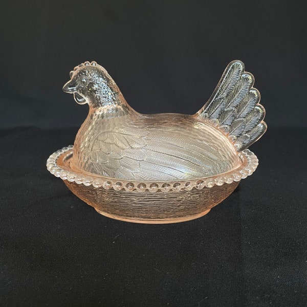 RAR - Vintage blassrosa Glas Henne auf Nest von Indiana Glass Co. - Elegante Glastiere