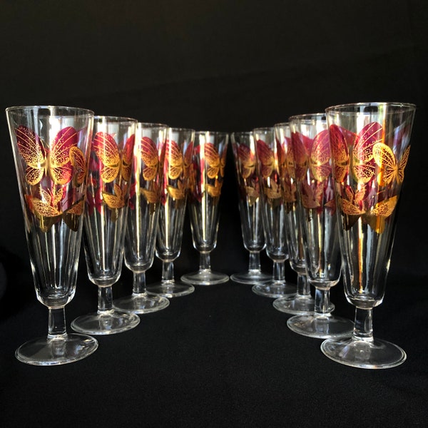 ONGELOOFLIJKE Set van 11 Vintage Roze &Gouden Vlinder Print 10oz Footed Pilsner Champagne Cocktail Glazen - Retro Barware