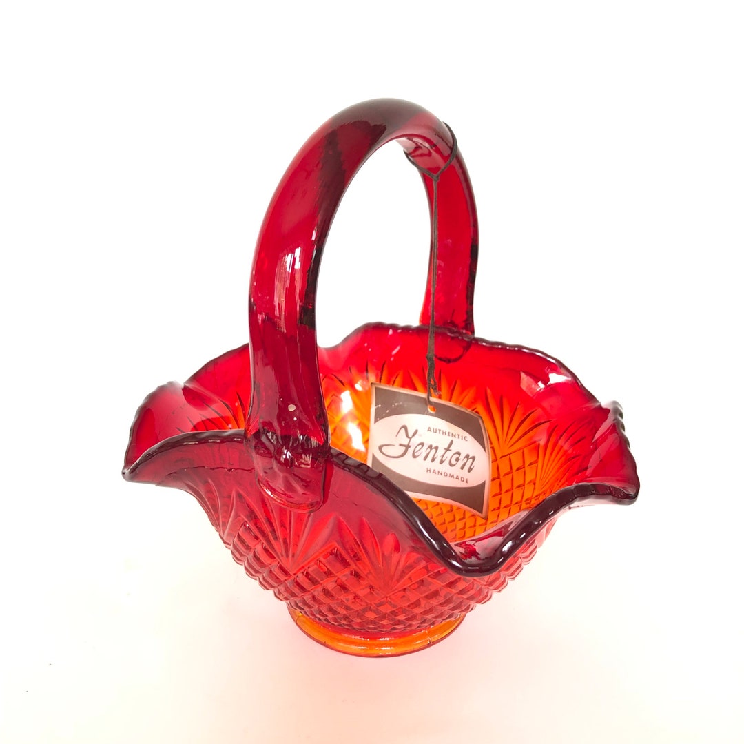 Vintage FENTON Red Amberina Glass Basket, Diamond Point Ruffled Rim ...