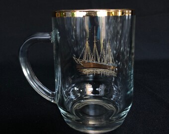 Vintage Luminarc Clear Glass with Gold Clipper Ship & Gold Rim 19oz Beer Stein