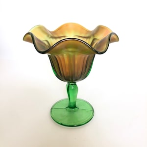 Antique Northwood &#39;Green Rainbow&#39; Carnival Glass Compote c1908-1910