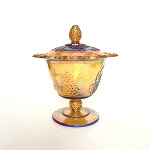 Vintage Carnival Glass Harvest Grape Pattern Glass Covered  Jelly Compote by Indiana Glass Co.