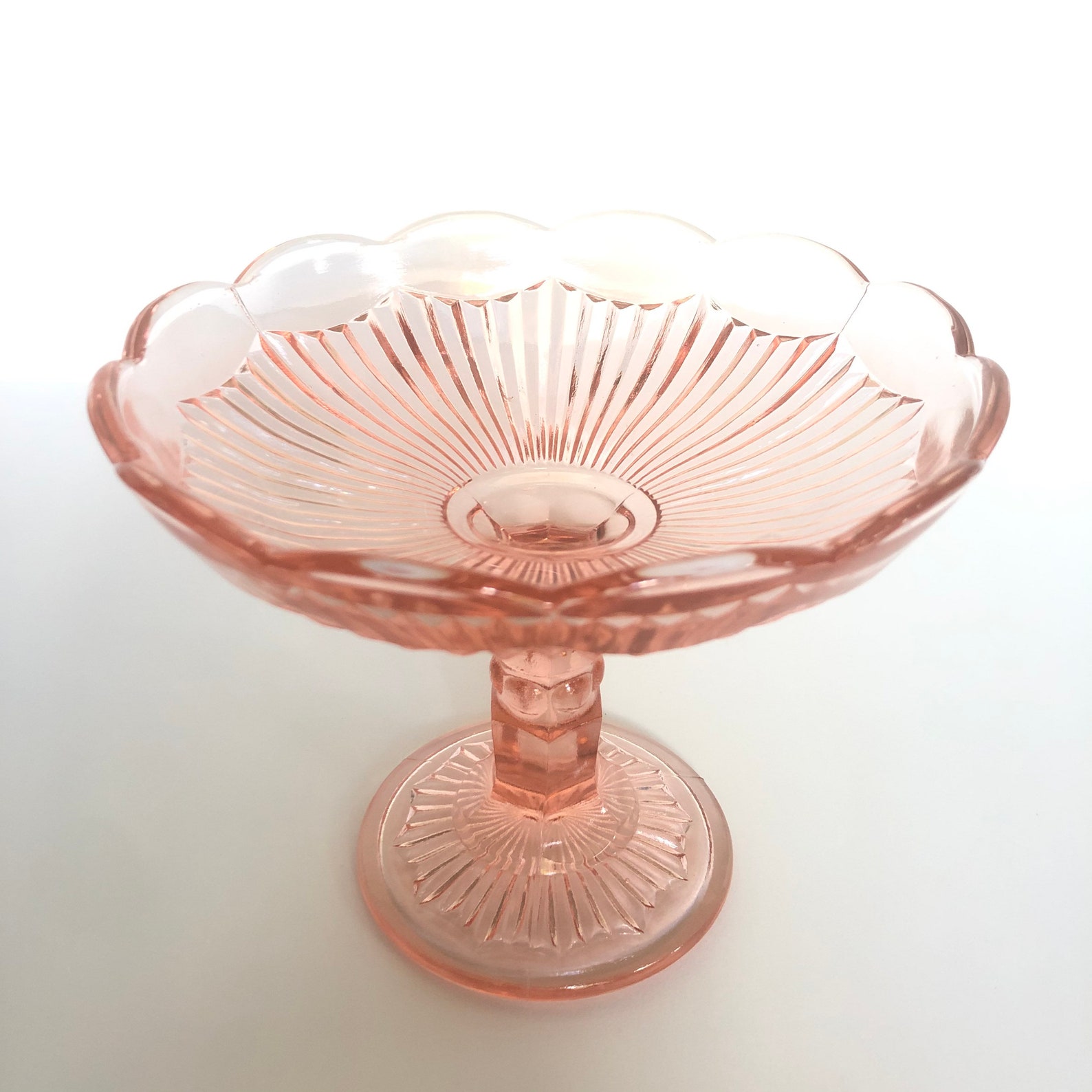 Vintage Pink Depression Glass Footed Shallow Bowl Pedestal Etsy