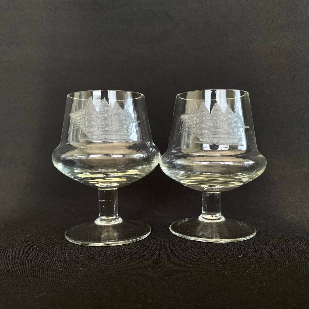 Pair Vintage Nautical Etched 5oz Mini Snifters Cocktail Glasses Retro