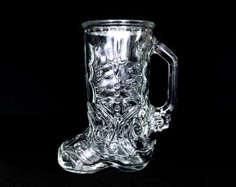 Vintage Clear Pressed Glass Cowboy or Cowgirl Boot 17oz Handled Mug Stein - Vintage Novelty Barware