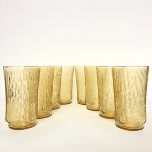 RARE - Set of 8 Textured Golden Yellow Glass 12oz Highball Cocktail Glasses  - Vintage Barware - Retro Barware