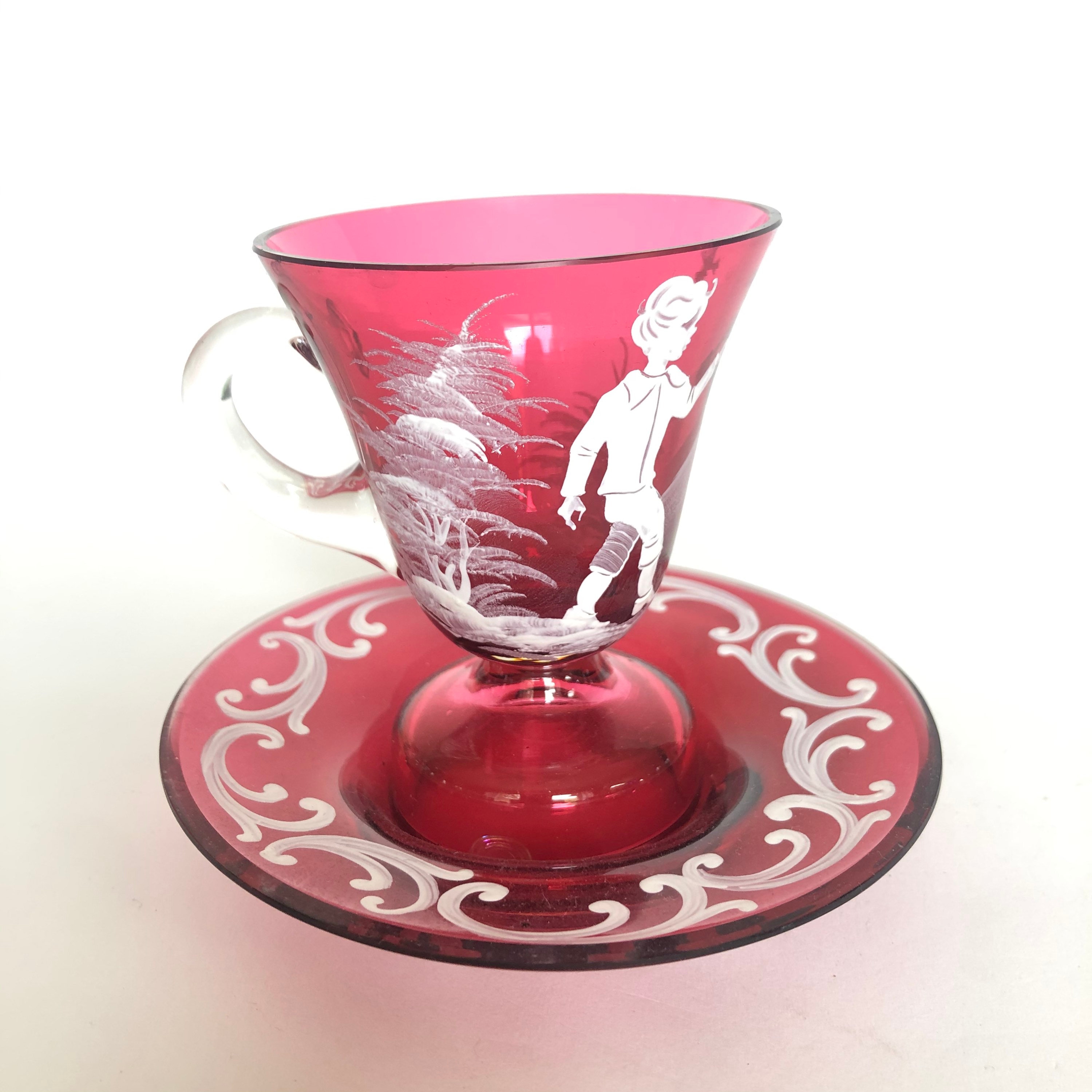 Mary Gregory Clear to Cranberry Antique Hand Painted Enamel Girl Drinking  Glass Tumbler Cup