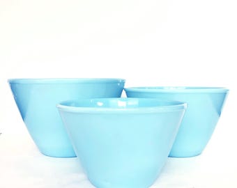 RARE - Vintage Delphite Blue Glass Set of 3 Fire King Splash Proof