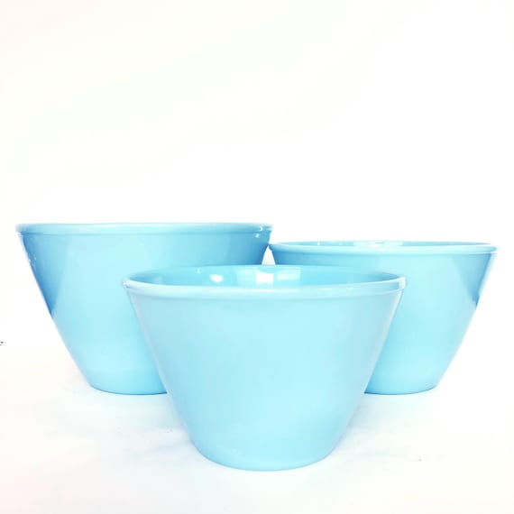 Vintage Fire King Delphite Blue Nesting Bowls – 1940s Splash Proof