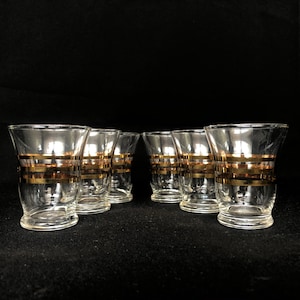 Set of 6 Vintage Clear Glass With Gold Stripes European Style (Stemless) 4oz Cocktail Liqueur Wine Glasses