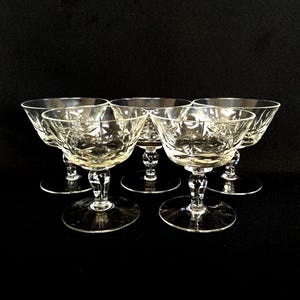 5 Vintage Crystal Cross & Olive Flat Bottom 4.5oz Champagne Cocktail Coupe Glasses - Vintage Barware - Retro Barware