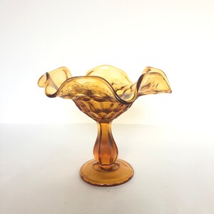 Ruffled Fenton Vintage Amber Glass Thumbprint Compote - Pedestal Dish - Footed Bowl