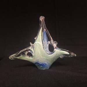 Italian MURANO Art Glass &quot;Lavorazione&quot; Basket Bowl Hand Blown - Clear Blue Green