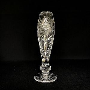 Vintage Pinwheel Crystal Bud Vase With Thumbnail Rim Notched Ball Stem and Starburst Base
