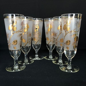 Set of 6 Vintage Gold & Frosted Pine Cone 22k Gold Pine Needle And PineCone Pilsner Cocktail Glasses - Libbey Glass Co. - Retro Barware