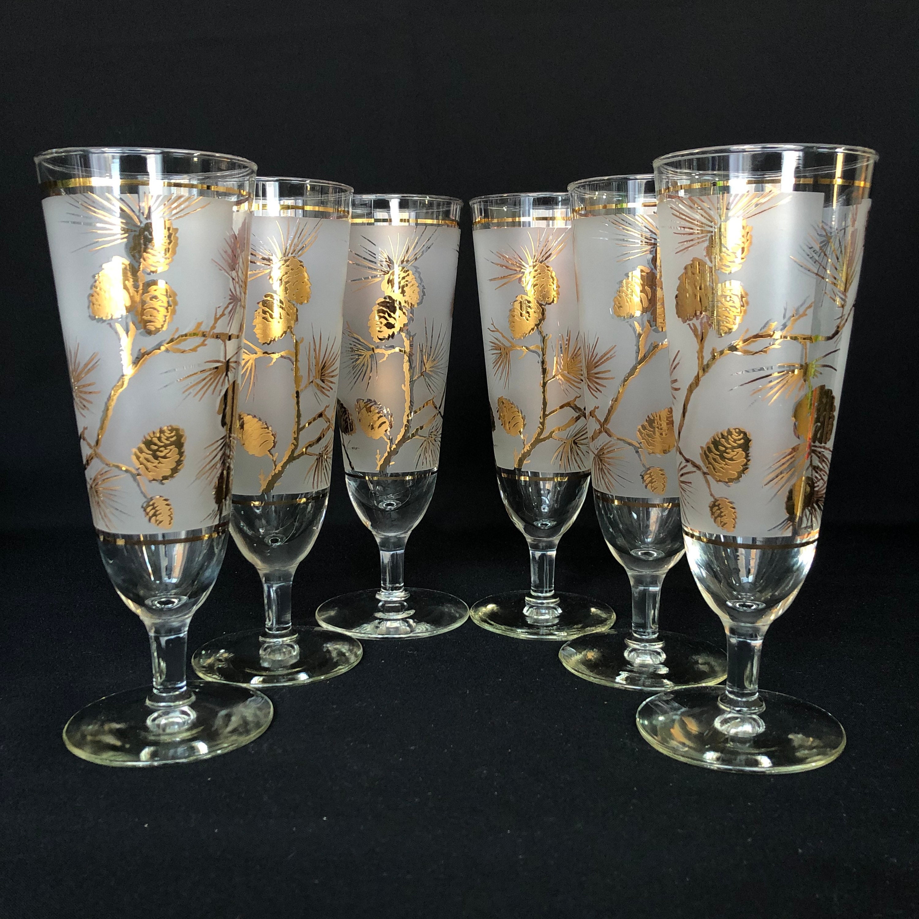 Rare Large 60+ Piece Collection Vintage Libbey 22K Gold Leaf  Set of 6 1950 vintage Libbey Pilsner glasses frosted 22kt gold leaf display picture 1