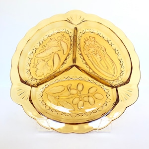 Vintage Amber Glas Verdeelde Plaat Platter Server met Veggie Motief