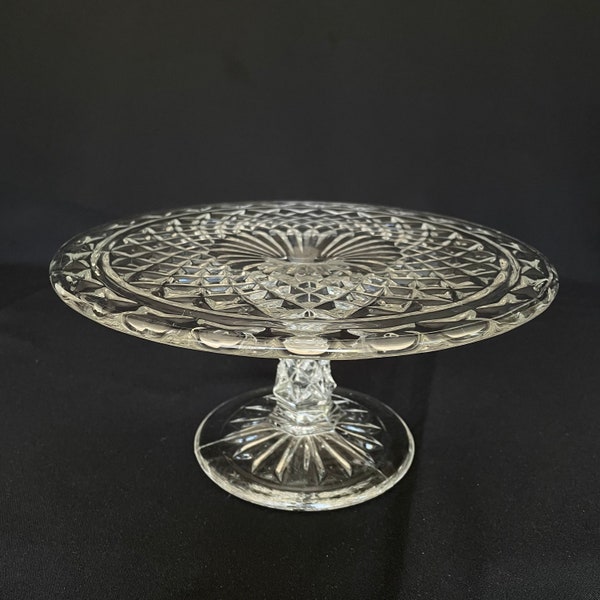 10" Vintage Diamond Point Clear Pressed Glass Cake Stand - Vintage Kitchen - Farmhouse Kitchen