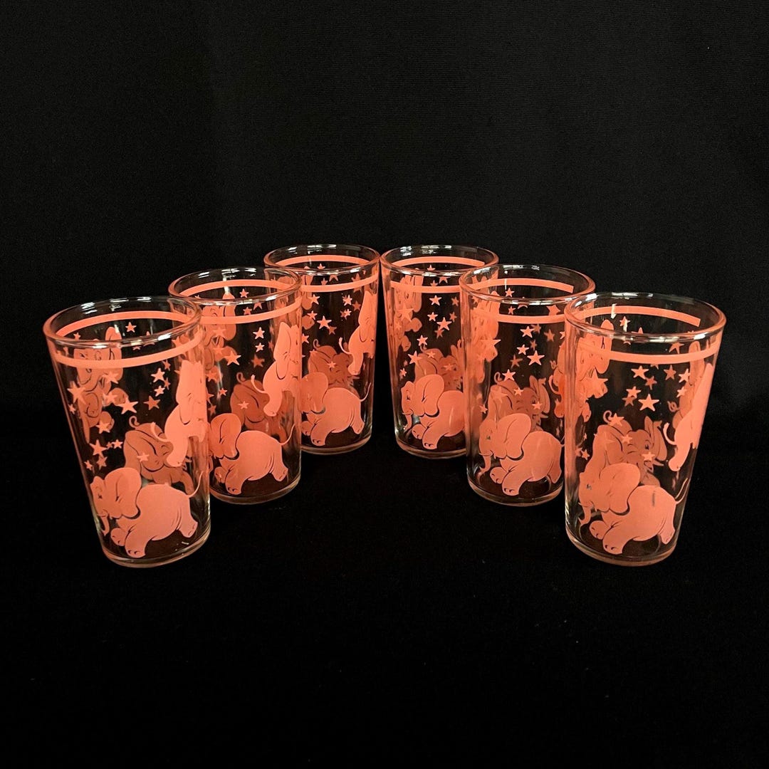 RARE Hazel Atlas Dancing Pink Elephants Euro Wine or Juice Glasses