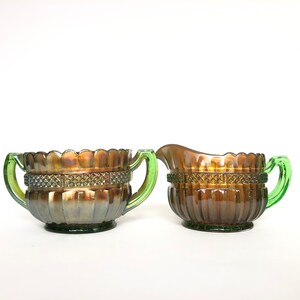 Vintage Green Carnival Glass Lustre Flute Sugar and Creamer by Northwood Glass