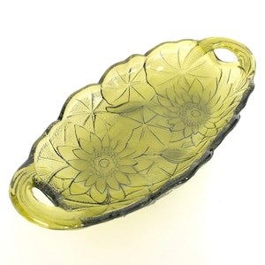 Oval Vintage Avocado Green Glass Shallow Handled Bowl Dish with Embossed Sunflower Pattern