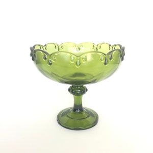 Pretty Vintage Indiana Glass Company Avocado Green Glass Triple Teardrop Garland Compote - Pedestal Bowl - Footed Dish - Wedding Centrepiece