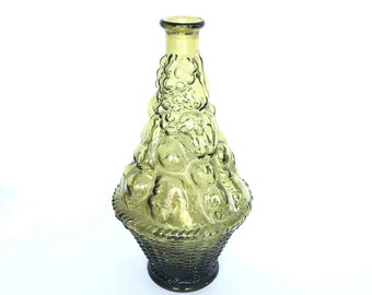 Vintage Olive Green Pressed Glass Decanter Bottle - Made in Italy