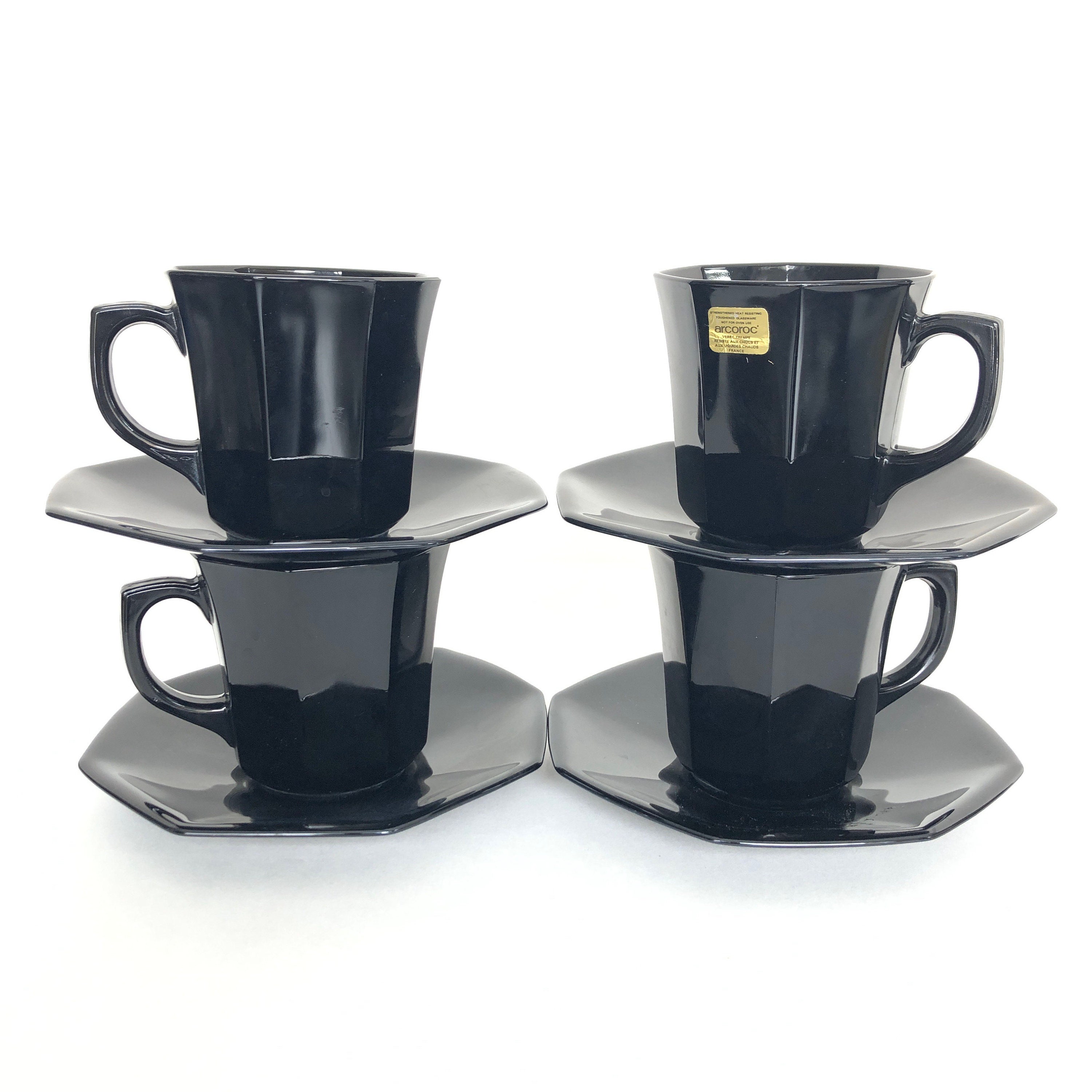 Vintage Arcoroc Octime Hexagonal Black Glass 8 Piece Tea Cup