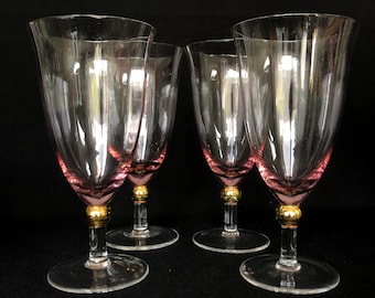 Set of 4 Vintage Stemmed Sherry Glasses with Raised Gold Pattern 4 1/2" Tall 
