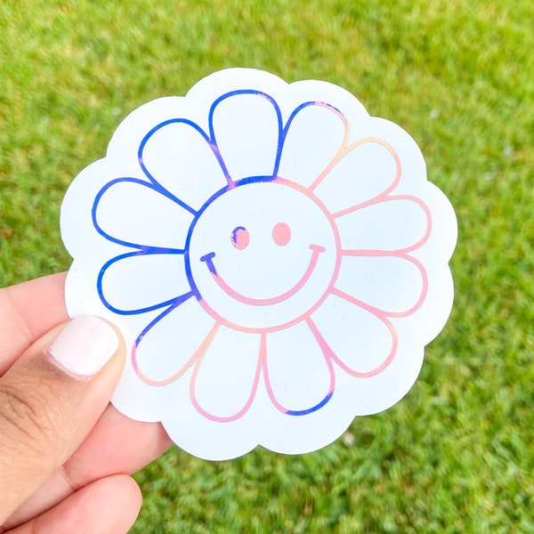 Retro Happy Face Daisy Decal | Holographic Retro Decal | Flower Decal | Water Bottle Decal | Car Decal | Laptop Decal | FREE SHIPPING!