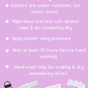 May include: A pink Hydro Flask water bottle with a black lid and white logo, surrounded by stickers with names like Addison, Karly, Lexie, Natalie, Amelia, and James. The image also includes sticker care instructions.