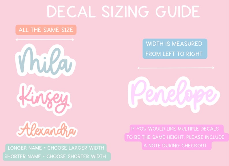May include: Decal sizing guide with examples of names in different colors and sizes. The guide explains how to measure width and choose sizes based on name length. Text includes "Mila", "Kinsey", "Alexandra", and "Penelope".