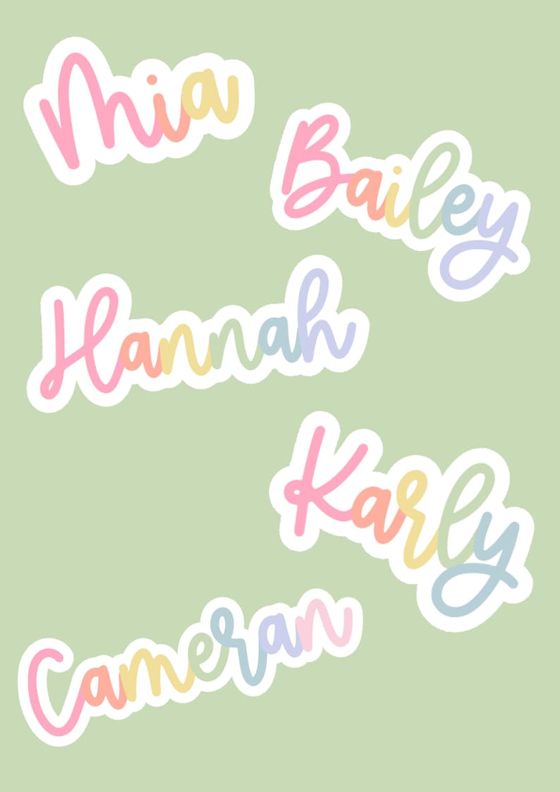 May include: A collection of pastel-colored name stickers on a light green background. The names Mia, Bailey, Hannah, Karly, and Cameron are written in a whimsical, handwritten font with a white border. The color palette includes pink, yellow, orange, blue, and purple.