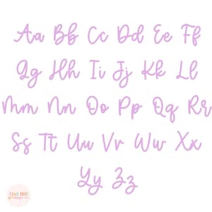 May include: A complete alphabet in a soft, cursive font, in a light purple color. The letters are arranged in rows, with both uppercase and lowercase letters displayed. The logo for Oak Hill Design Co. is in the bottom left corner.