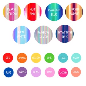 May include: A collection of colorful, circular labels with various hues and names. Colors include Peach Yellow, Hot Pink, Peacock Blue, Orchid Purple, Opal White, Rainbow Silver, Hyacinth Blue, Red, Orange, Yellow, Lime, Teal, Aqua, Blue, Purple, Lilac, Pink, Fuschia, and Coral.