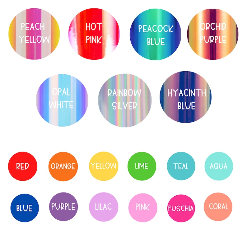 May include: A collection of colorful, circular labels with various hues and names. Colors include Peach Yellow, Hot Pink, Peacock Blue, Orchid Purple, Opal White, Rainbow Silver, Hyacinth Blue, Red, Orange, Yellow, Lime, Teal, Aqua, Blue, Purple, Lilac, Pink, Fuschia, and Coral.
