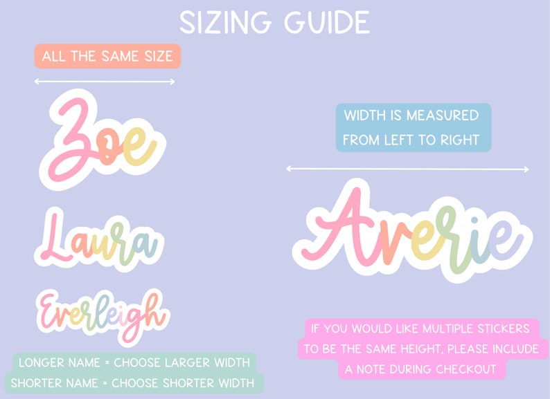 May include: A sizing guide for custom stickers with names. The guide shows examples of names like Zoe, Laura, and Everleigh in pastel colors. Instructions explain how to choose the width based on the name length. The text "Averie" is used as an example.